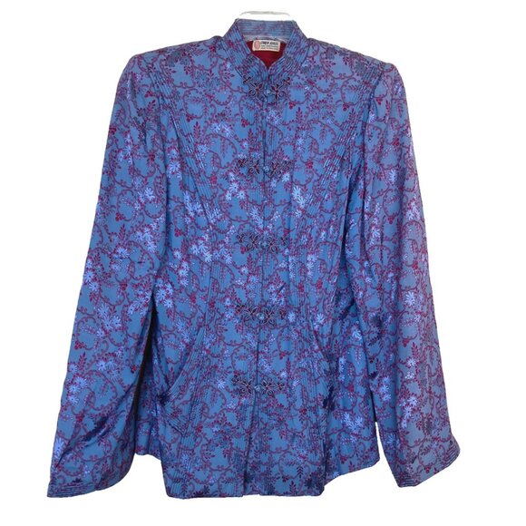 Owen Bros Brocade Oriental Jacket Pockets Blue Satin Vintage QiPao CheongSam - Picture 7 of 8